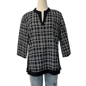 Tommy Bahama Cotton Tunic Blouse Top Black White 3/4 Sleeves | Size: Large